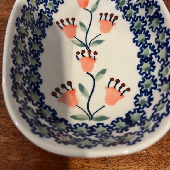 Ceramika Polish Pottery Spoon Rest Orange Poppy Flowers Hand Made - Picture 3 of 5